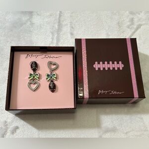 Betsey Johnson Football Heart Bow Dangle Earrings NWT Rhinestone Iridescent